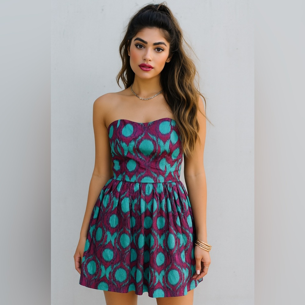 Nicole Miller Turquoise/Purple Cotton Ikat Strapless Dress Sz. 2